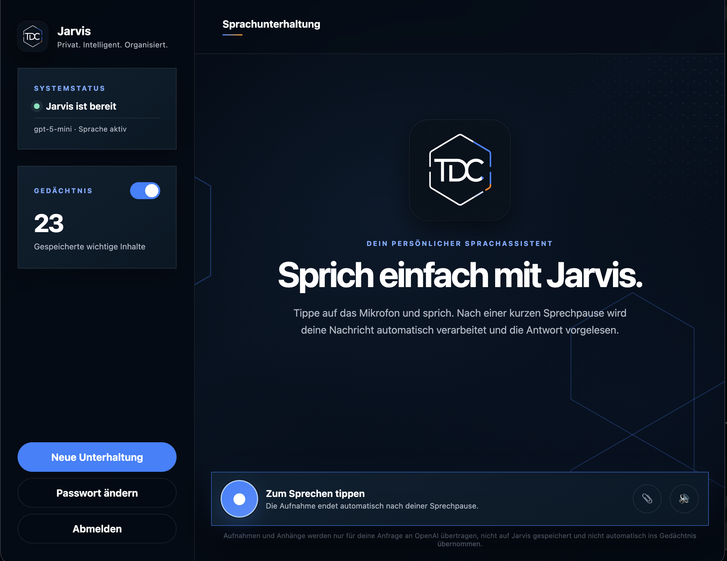 JARVIS-Sprachassistent mit Systemstatus und Gedächtnis auf dem Desktop